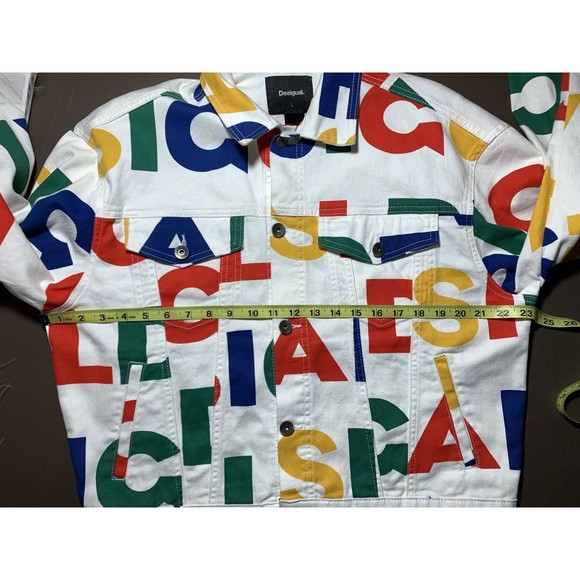 Desigual Multicolor Logo Print White Denim Jean Jacket L Graphic Button Front - Picture 7 of 16
